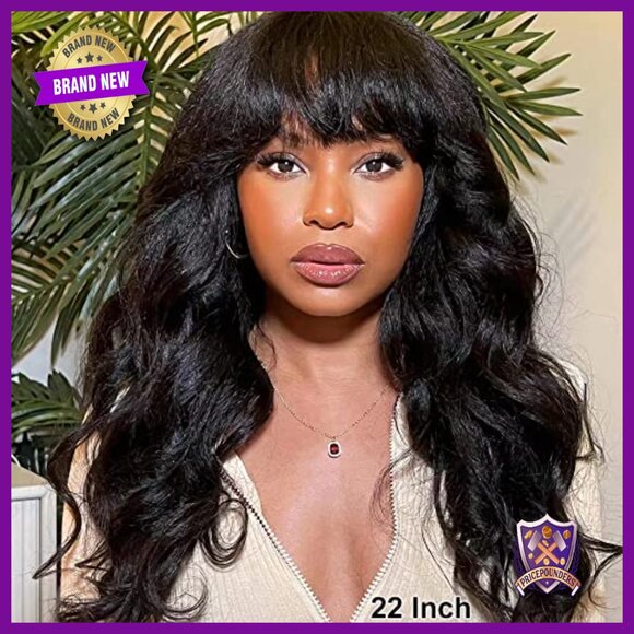 200 Density Yaki Wavy Human Hair Wig With Bangs 12 Inch